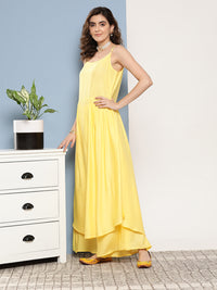 Thumbnail for InWeave Women's Light Yellow Ray Strappy Set With Orange Floral Cotton Dupatta - Distacart