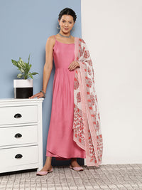 Thumbnail for InWeave Women's Light Pink Ray Strappy Set With Red Big Floral Cotton Dupatta - Distacart