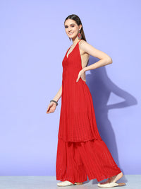 Thumbnail for InWeave Women's Red Lace Work Backless Kurta Sharara Set - Distacart