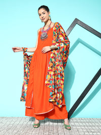 Thumbnail for InWeave Women's Orange Red Gota Strappy Set With Multi Foil Muslin Dupatta - Distacart