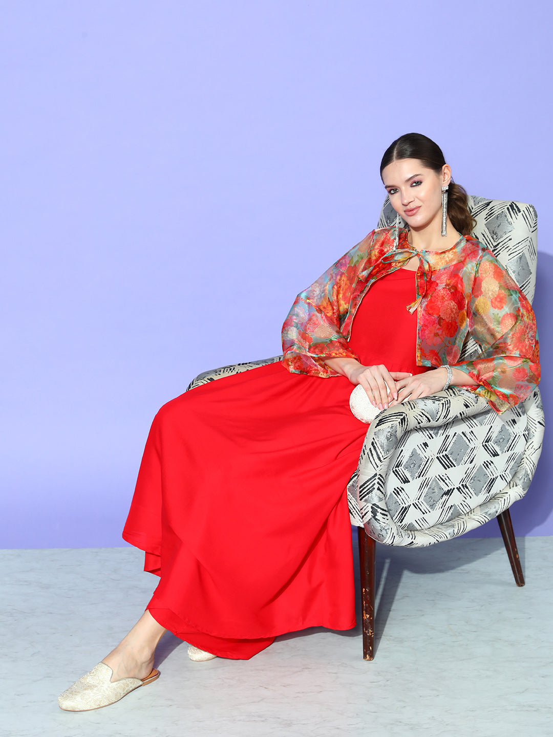 InWeave Women's Red Strappy Set With Green Floral Short Organza Cape - Distacart