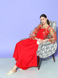 Thumbnail for InWeave Women's Red Strappy Set With Green Floral Short Organza Cape - Distacart