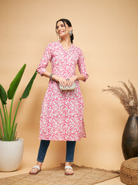 Thumbnail for InWeave Women's Pink Foil White Print Angrakha Stright Kurta - Distacart