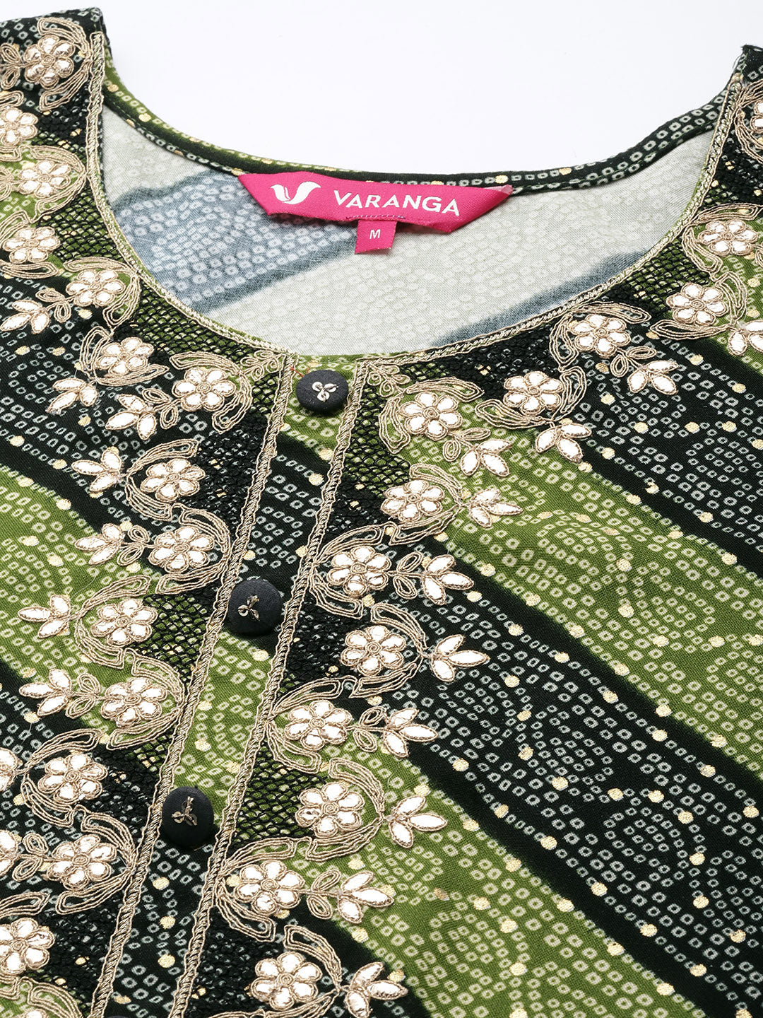 Varanga Green And Black Bandhani Printed Kurta With Embroidered Yoke - Distacart