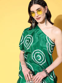Thumbnail for InWeave Women's Green Bandhani Motif One Shoulder Palazzo Set - Distacart