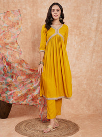 Thumbnail for InWeave Women's Mustard Alia Neck Style Gota Set W Organza Dupatta - Distacart