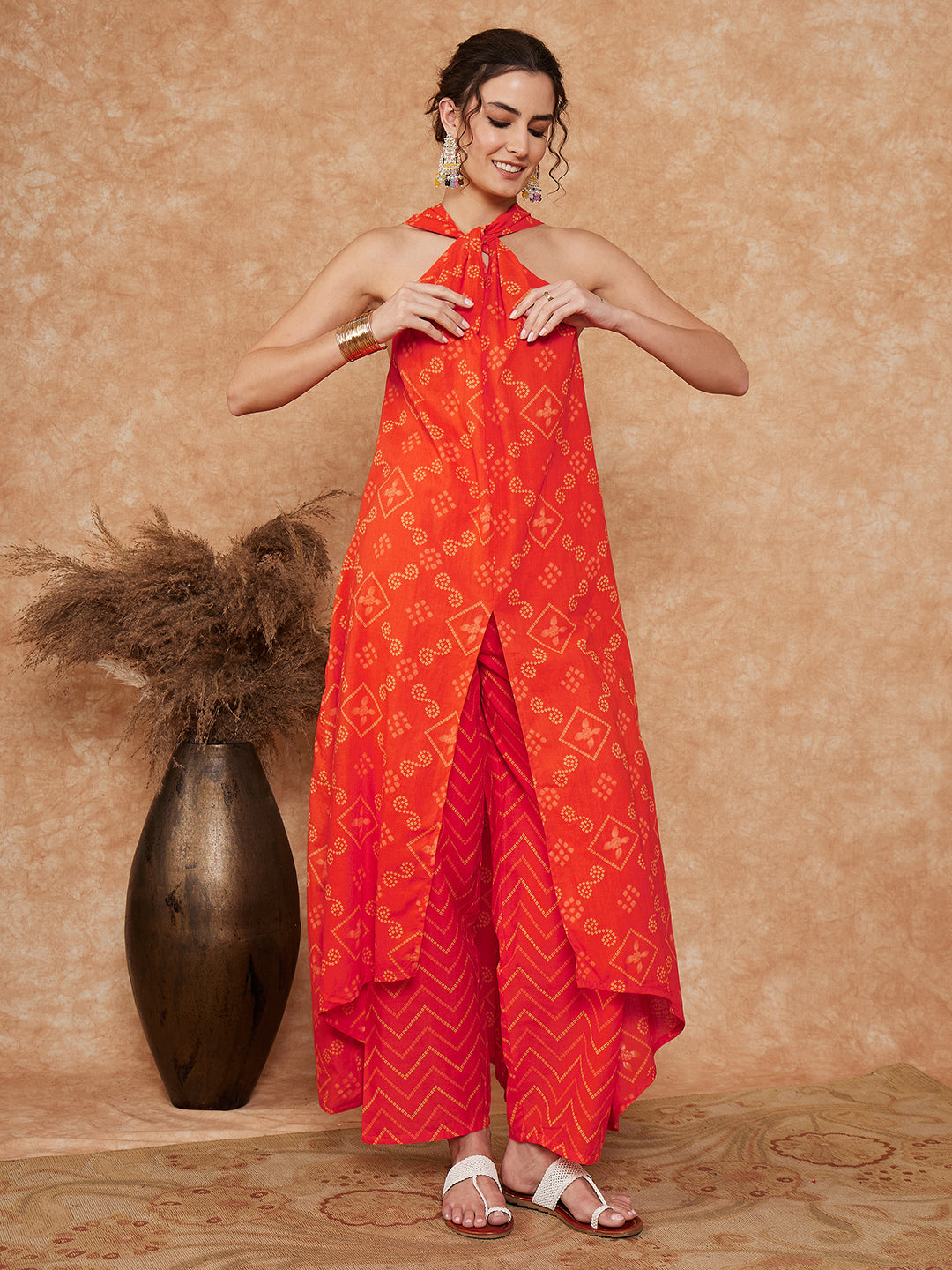 InWeave Women's Orange S Print Twisted Neckline Kurta Pant Set - Distacart