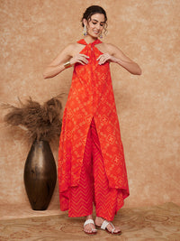 Thumbnail for InWeave Women's Orange S Print Twisted Neckline Kurta Pant Set - Distacart