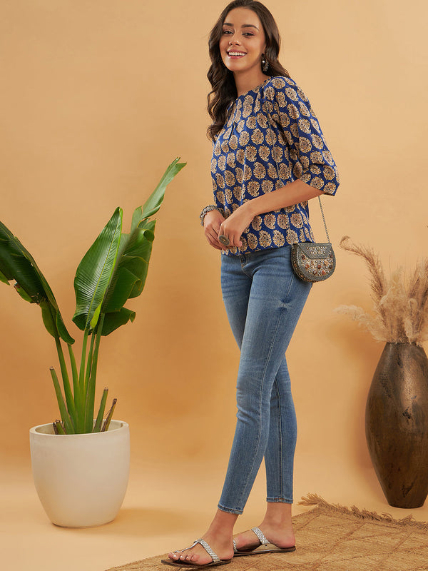 InWeave Women's Ink Blue Small Paisley Kalamkari Top - Distacart
