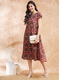 Thumbnail for InWeave Women's Wine Ikkat Print A Line Dress - Distacart
