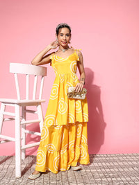 Thumbnail for InWeave Women's Yellow Bandhani Motif Shoulder Tie Up Kurta Set - Distacart