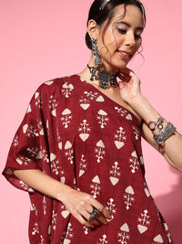 Thumbnail for InWeave Women's Maroon Boota One Shoulder Top With Palazzo Set - Distacart