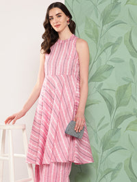 Thumbnail for InWeave Women's Pink Kantha Striped Kurta Set - Distacart