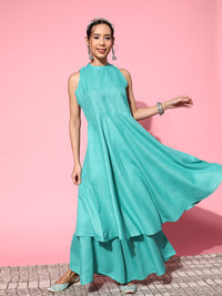 Thumbnail for InWeave Women's Teal Lurex Boho Sleevless Kurta Set - Distacart