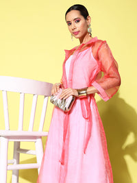 Thumbnail for InWeave Women's Cream Strappy Kurta Set With Pink Organza Cape - Distacart