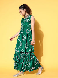 Thumbnail for InWeave Women's Green Bandhani Motif Tiered Sharara Set - Distacart