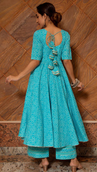 Thumbnail for Pomcha Jaipur Bandhej Blue Cotton Anarkali Set - Distacart
