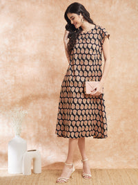 Thumbnail for InWeave Women's Black Small Paisley Kalamkari A Line Dress - Distacart