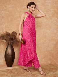 Thumbnail for InWeave Women's Fuchsia S Print Twisted Neckline Kurta Pant Set - Distacart