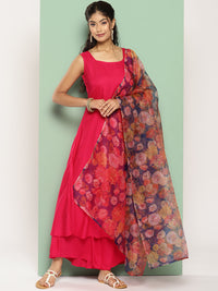 Thumbnail for InWeave Women's Fuchsia Sleeveless Kurta Set W Navy Floral Or Dupatta - Distacart