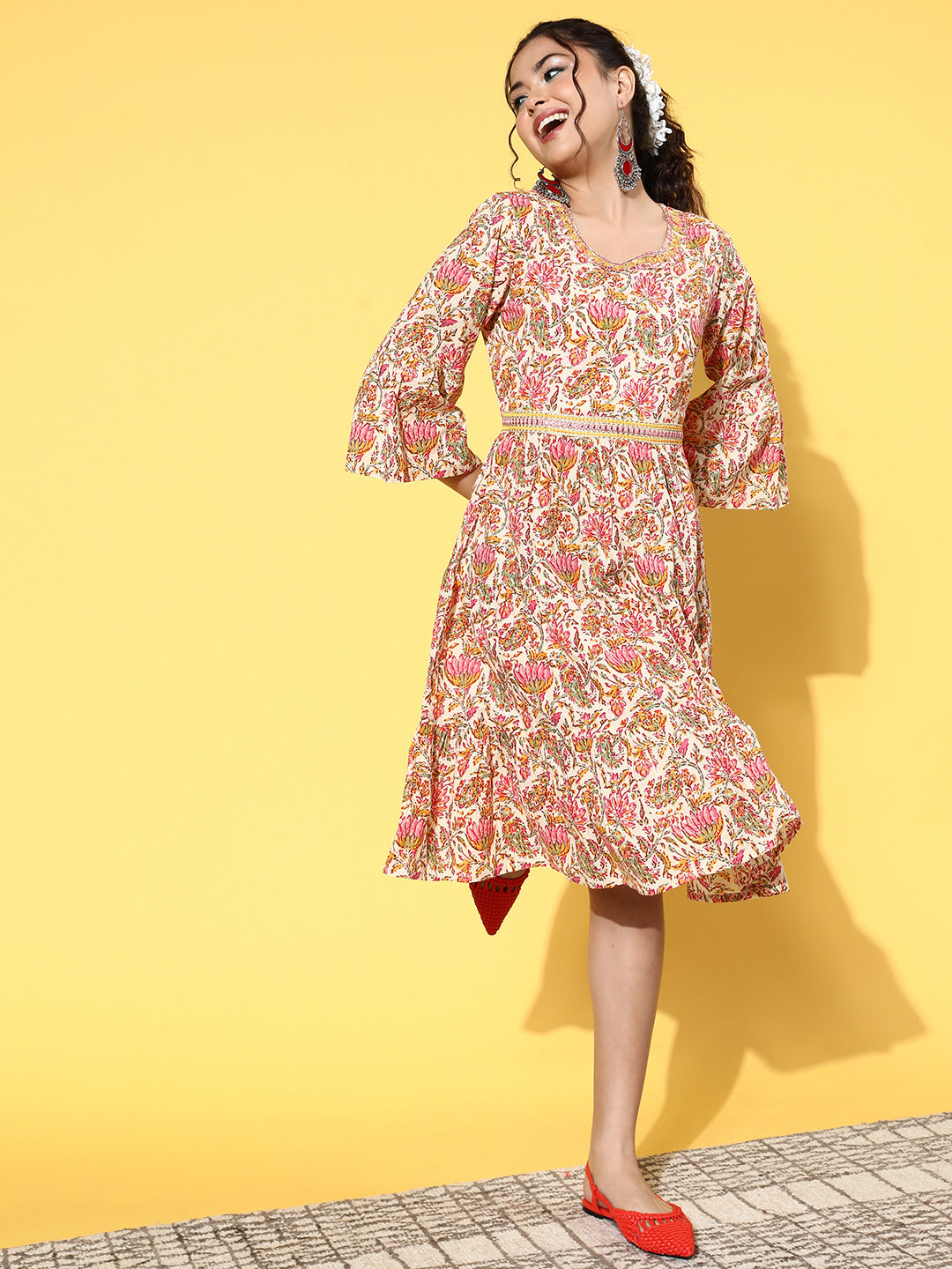 InWeave Women's Pink Boota Print Belted Dress - Distacart