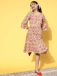 Thumbnail for InWeave Women's Pink Boota Print Belted Dress - Distacart