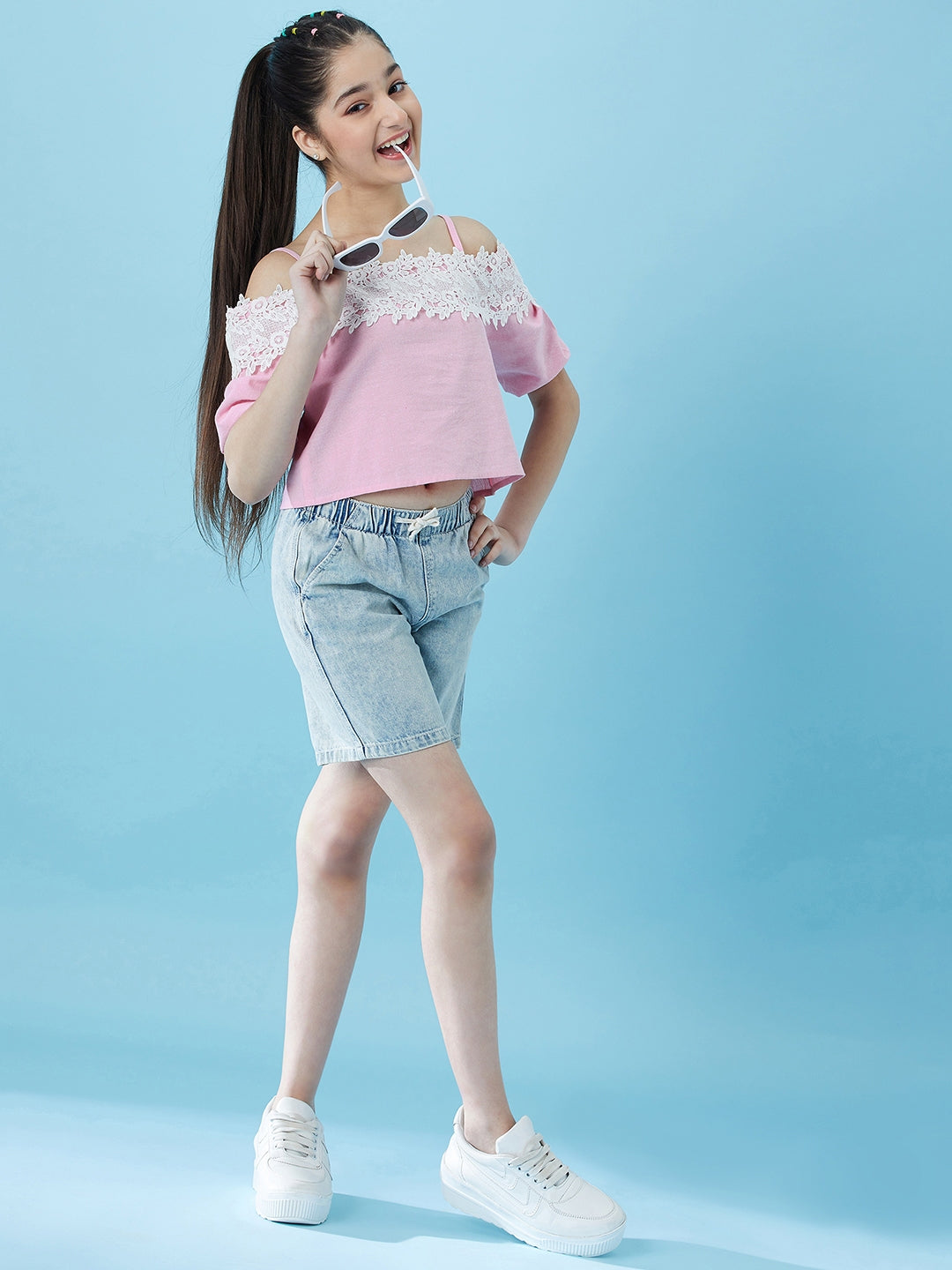 Girls Cold-Shoulder Sleeves Cotton Crop Top - Mini Marvels - Distacart