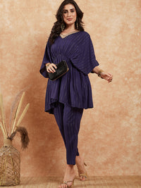 Thumbnail for InWeave Women's Royal Blue Lurex V Neck Gota Kaftan Style Kurta Set - Distacart