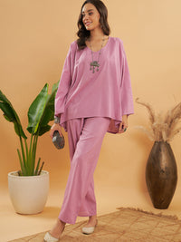 Thumbnail for InWeave Women's Mauve Kantha Boho Full Sleeve Coord Set - Distacart