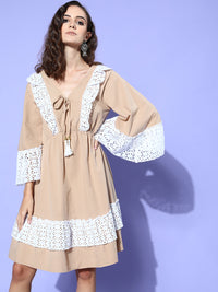 Thumbnail for InWeave Women's Beige Lacy Short Dress - Distacart
