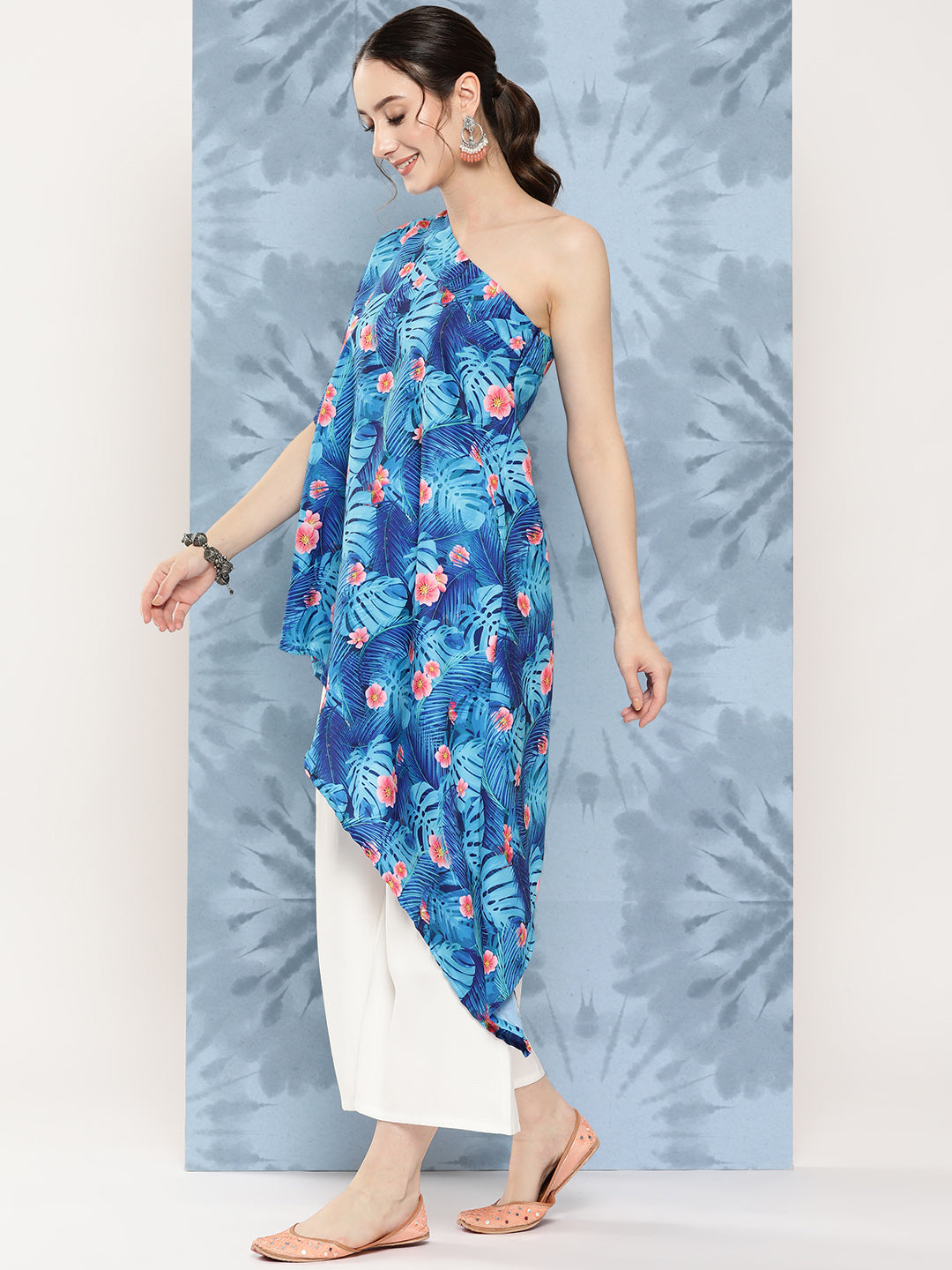 InWeave Women's Blue Pink Japanese Art Oneshoulder Top - Distacart