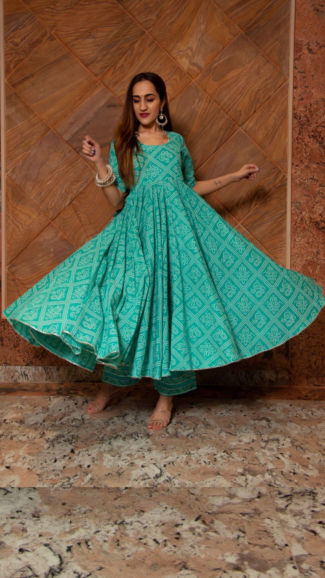 Pomcha Jaipur Bandhej Tiffany Blue Cotton Anarkali Set - Distacart
