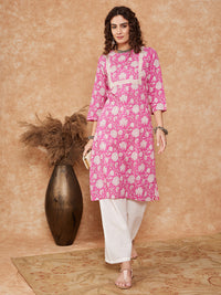 Thumbnail for InWeave Women's Pink White Floral Square Lace Work Straight Kurta - Distacart