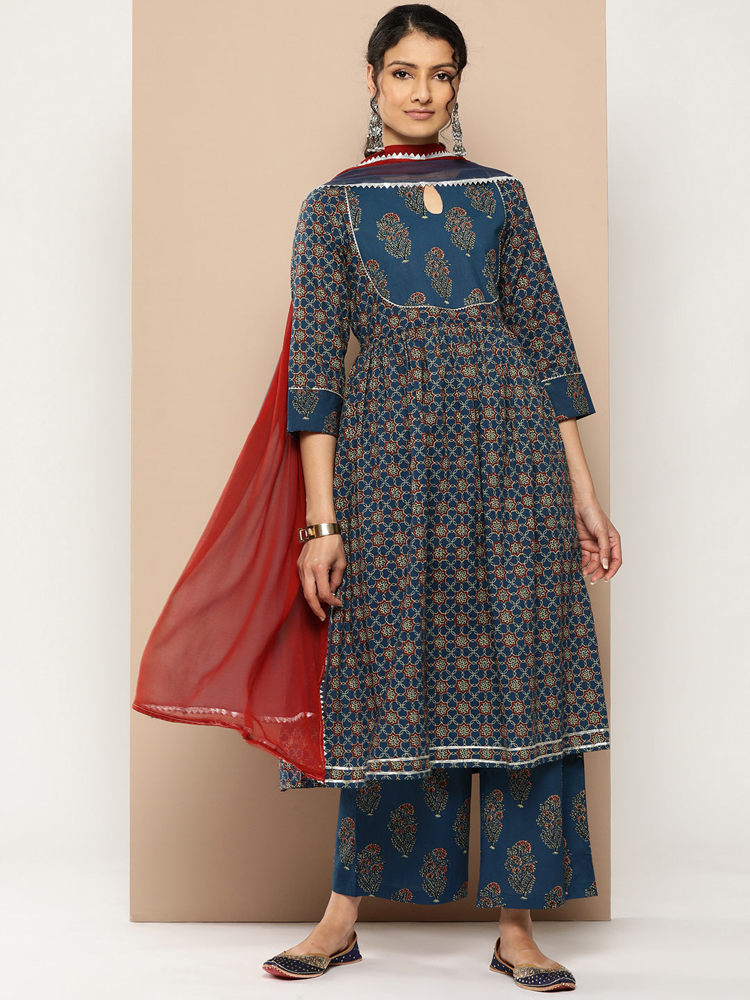 KSUT (House of Varanga) Blue And Rust Yoke Style Anarkali Paired With Printed Palazzo And Ombre Dupatta - Distacart