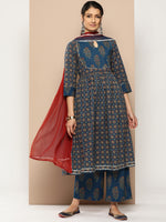 Thumbnail for KSUT (House of Varanga) Blue And Rust Yoke Style Anarkali Paired With Printed Palazzo And Ombre Dupatta - Distacart