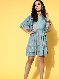 Thumbnail for InWeave Women's Sparky Blue Ruffled Tie Up Dress - Distacart