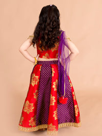 Thumbnail for Girls Red Gold-Toned Ready To Wear Lehenga Blouse With Dupatta - Mini Marvels - Distacart