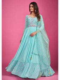 Thumbnail for Myra Blue Chinon Silk Embroidered Gown - Distacart