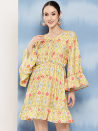 Thumbnail for InWeave Women's Yellow Orange Ikkat Print Short Dress - Distacart