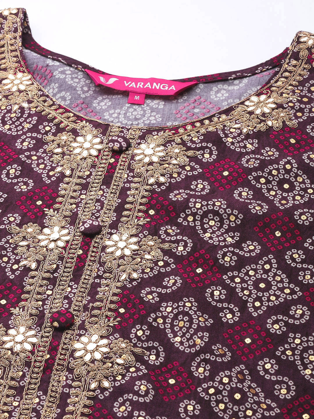 Varanga Violet Bandhani Printed Kurta With Embroidered Yoke - Distacart