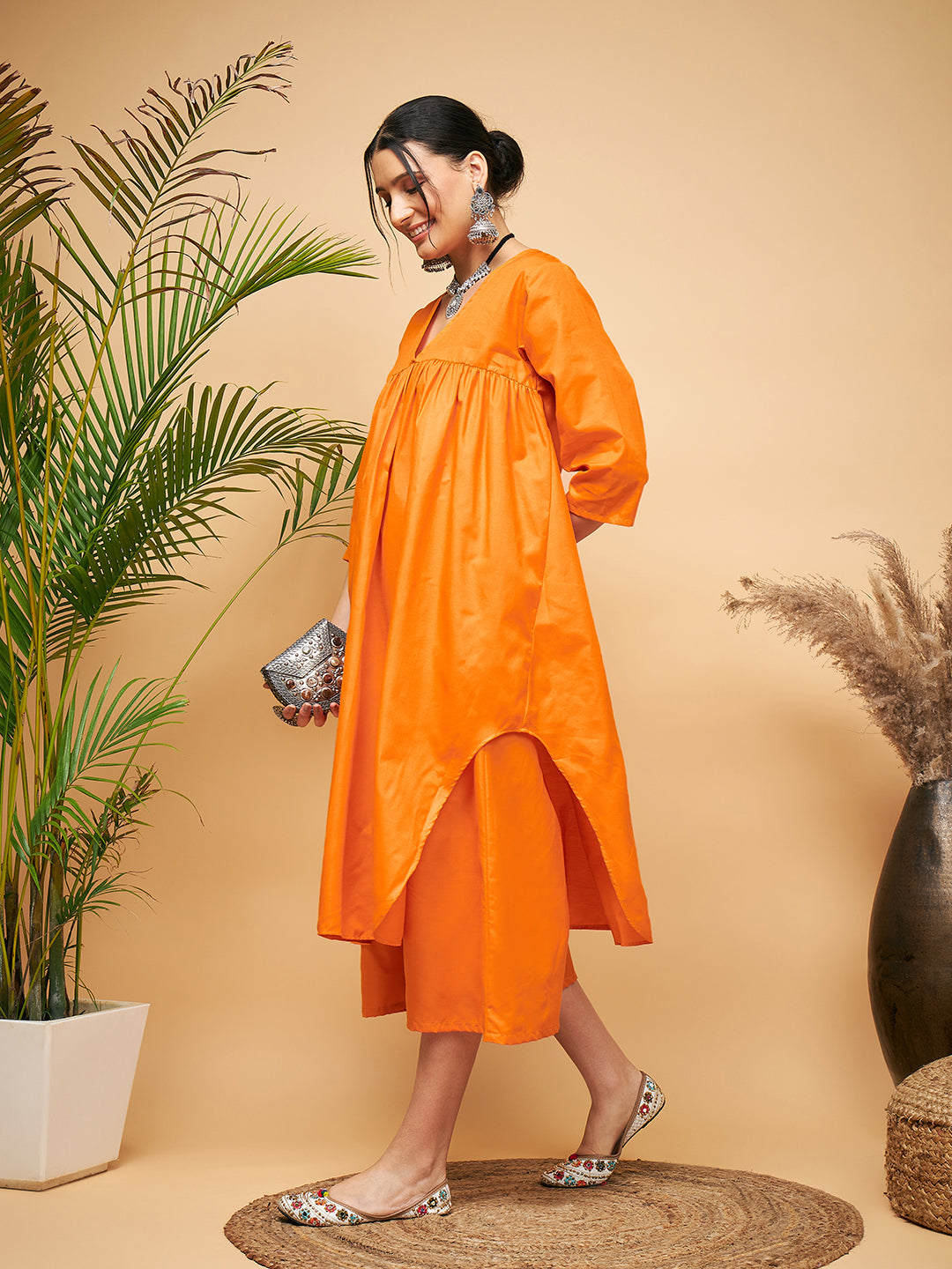 InWeave Women's Orange Flared Kurta Palazzo Set - Distacart