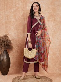 Thumbnail for InWeave Women's Dark Burgundy Alia Neck Style Gota Set W Organza Dupatta - Distacart