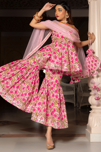 Thumbnail for Pomcha Jaipur Nazakat Pink Cotton Hand Block Sharara Set - Distacart