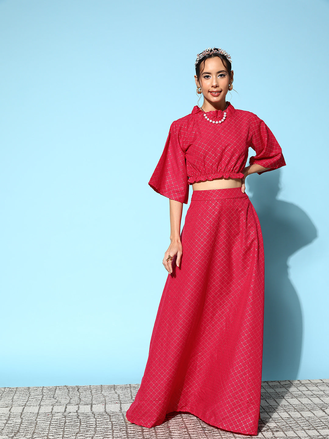 InWeave Women's Candy Red Gold Crop Top With Side Slit Skirt - Distacart