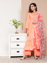 Thumbnail for InWeave Women's Peach Tiered Anarkali Kurta Set - Distacart
