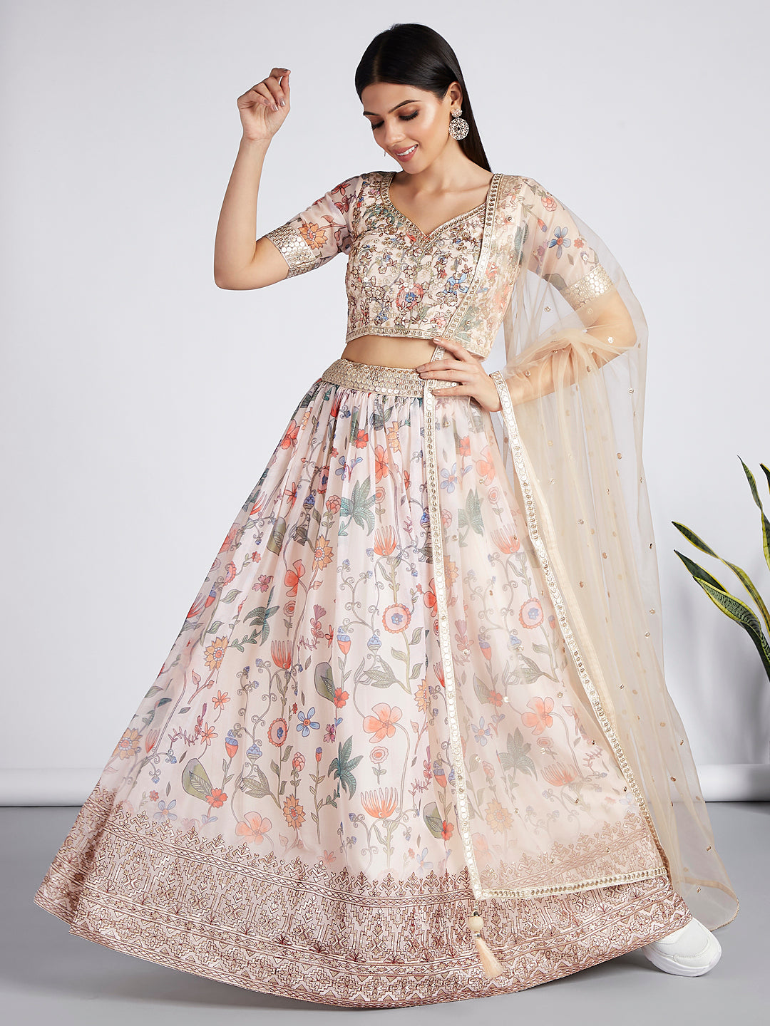 House of Panchhi Cream Colour Organza Floral Design Digital Print Lehenga Choli & Dupatta - Distacart