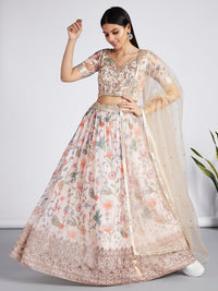 Thumbnail for House of Panchhi Cream Colour Organza Floral Design Digital Print Lehenga Choli & Dupatta - Distacart