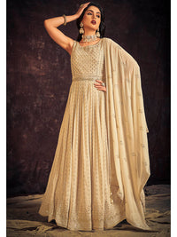 Thumbnail for Myra Cream Real Georgette Designer Gown Style Suit - Distacart