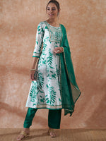 Thumbnail for InWeave Women's White Teal Lurex Leaf Print Patch Gota Kurta Set W Teal Dupatta - Distacart