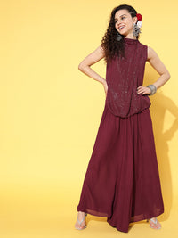 Thumbnail for InWeave Women's Maroon Lurex Top With Flared Palazzo - Distacart